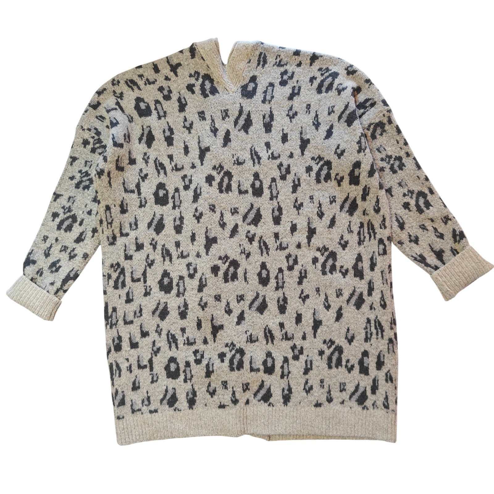 Beige and Gray Open Front Cardigan Sweater