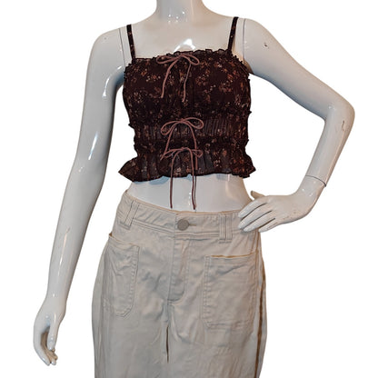 Brown Floral Sheer Ruched Tie Front Cami