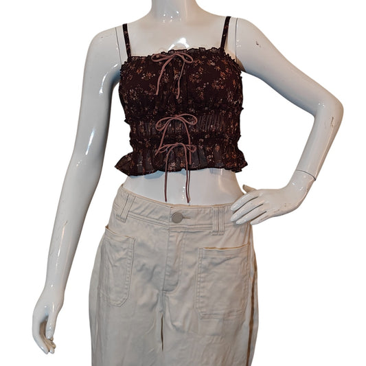 Brown Floral Sheer Ruched Tie Front Cami