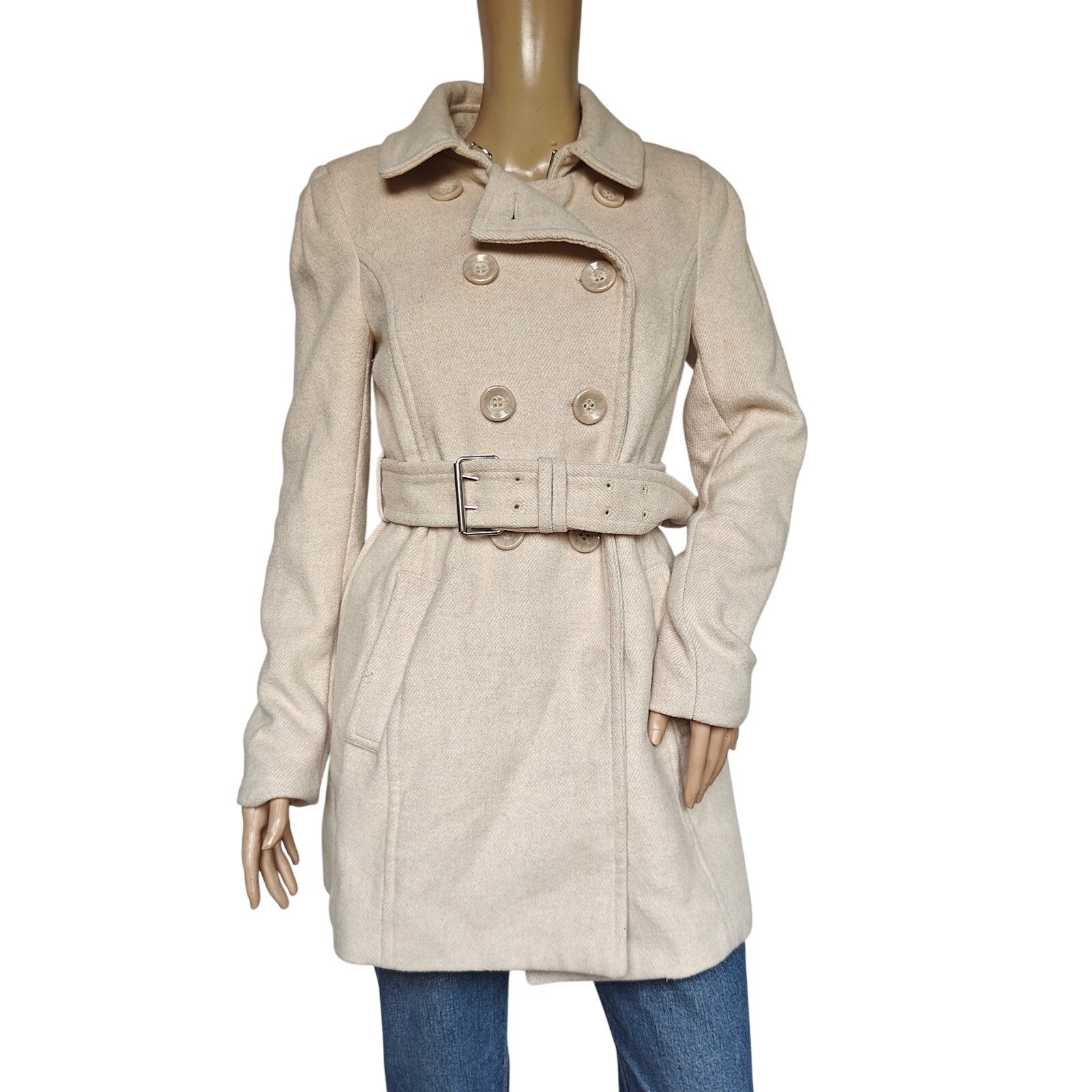 Beige Wool Belted Double Breasted Peacoat