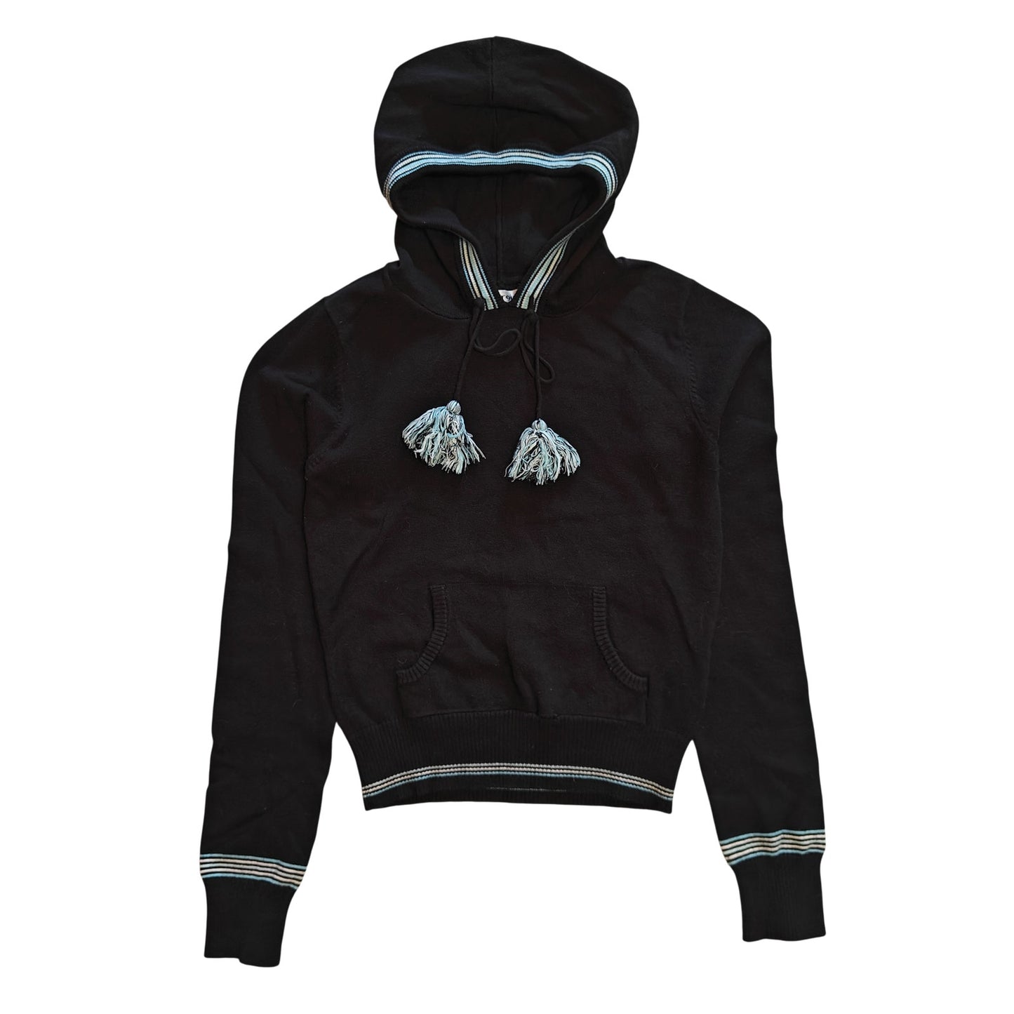 Black Knit Hoodie Sweater with Tassel Drawstring