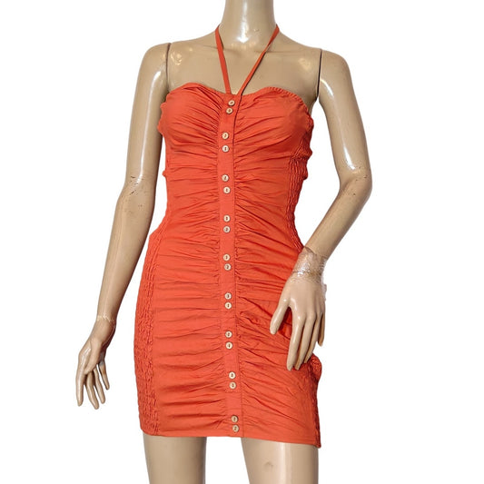 Orange Ruched Halter Mini Dress