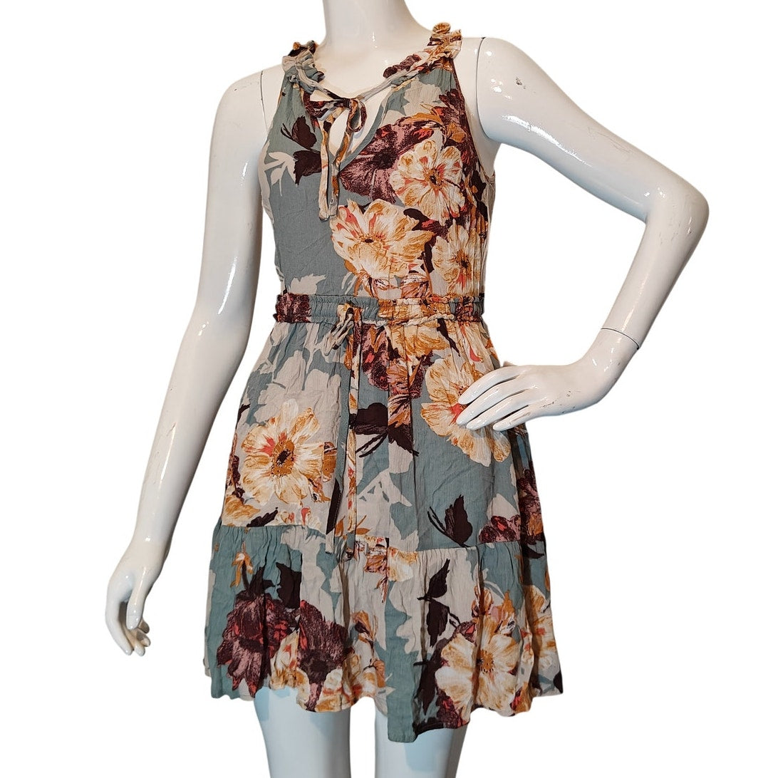 Floral Mini Dress with Ruffle Neck