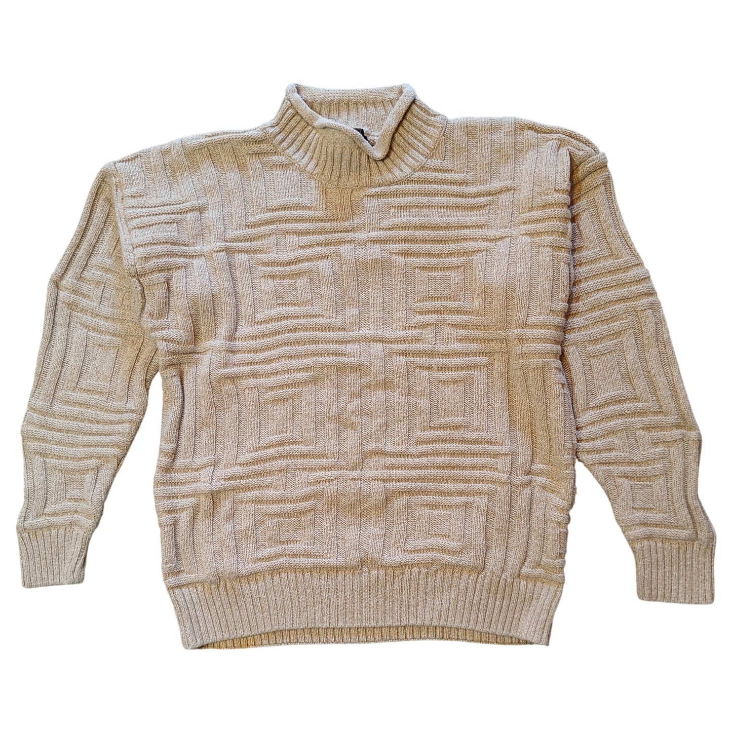 Beige Geometric Textured Cotton Knit Sweater