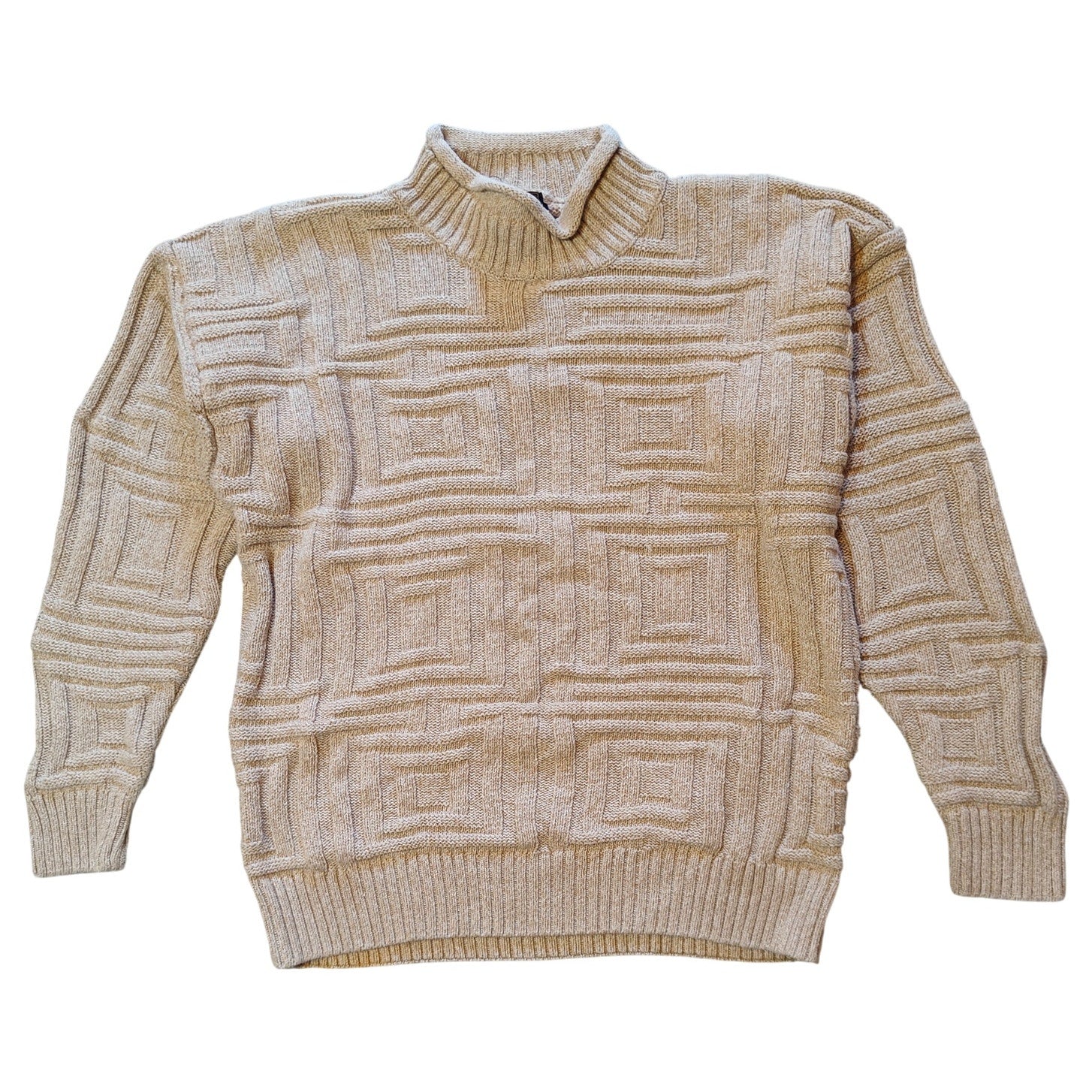 Beige Geometric Textured Cotton Knit Sweater