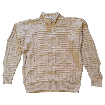 Beige Geometric Textured Cotton Knit Sweater