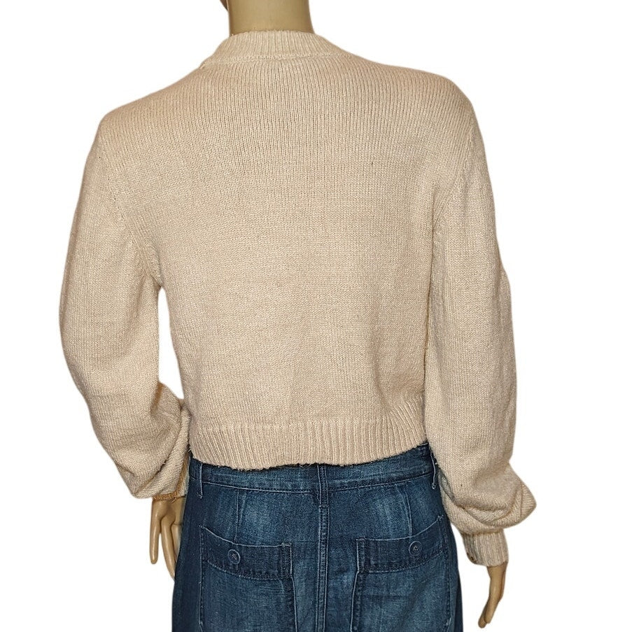Beige Cropped Crew Neck Sweater