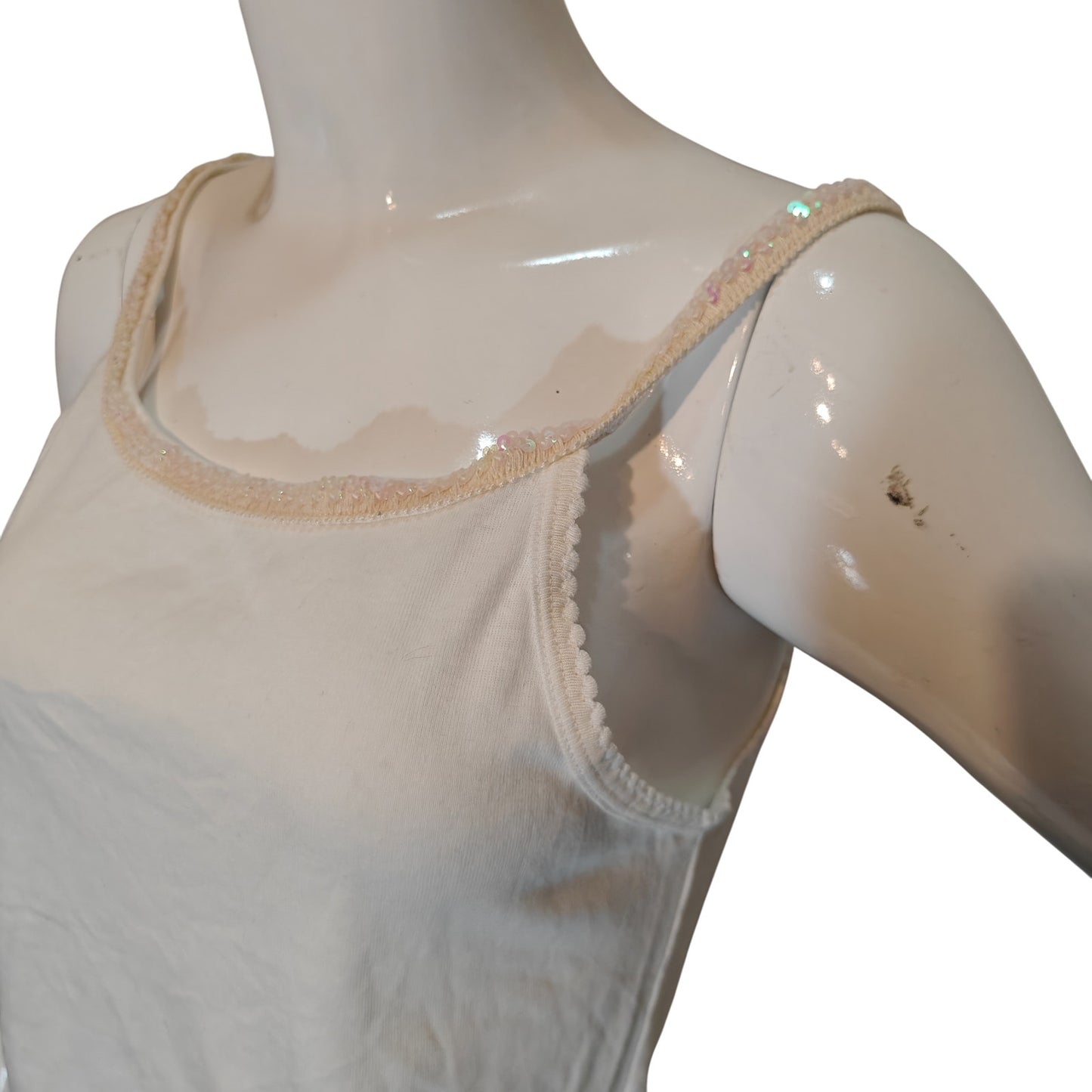 White Sequin Trim Tank Top