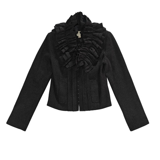 Charcoal Wool Blend Ruffle Collar Jacket