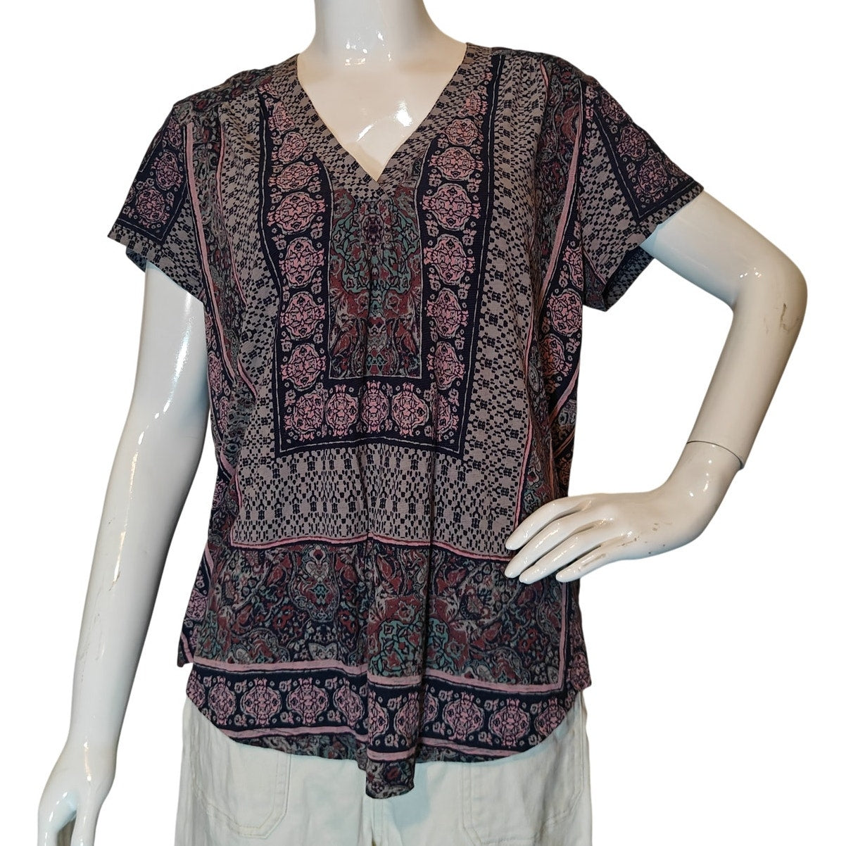 Boho Print Short Sleeve V Neck Top