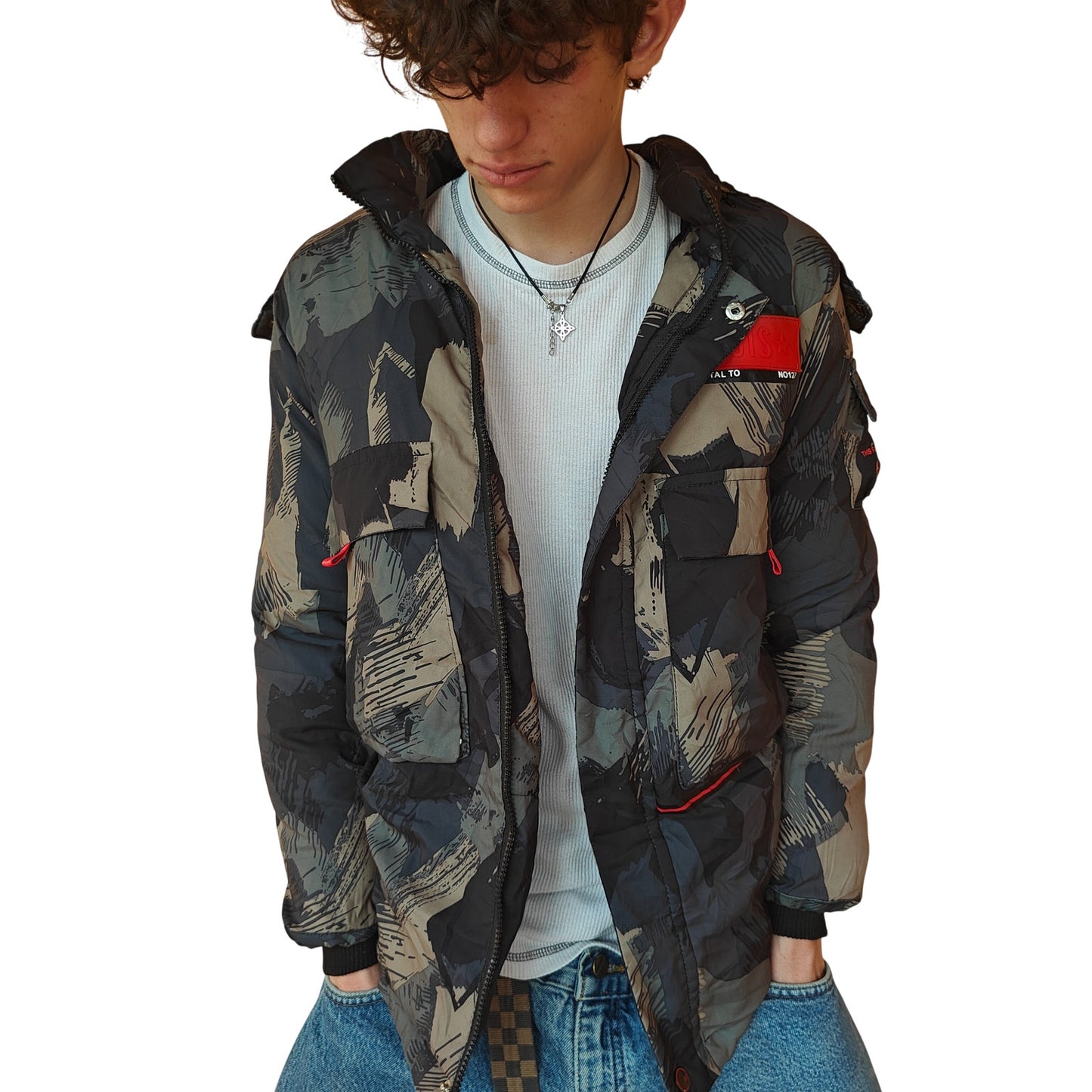 Green and Brown Abstract Camo Puffer Jacket