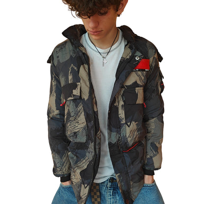 Green and Brown Abstract Camo Puffer Jacket