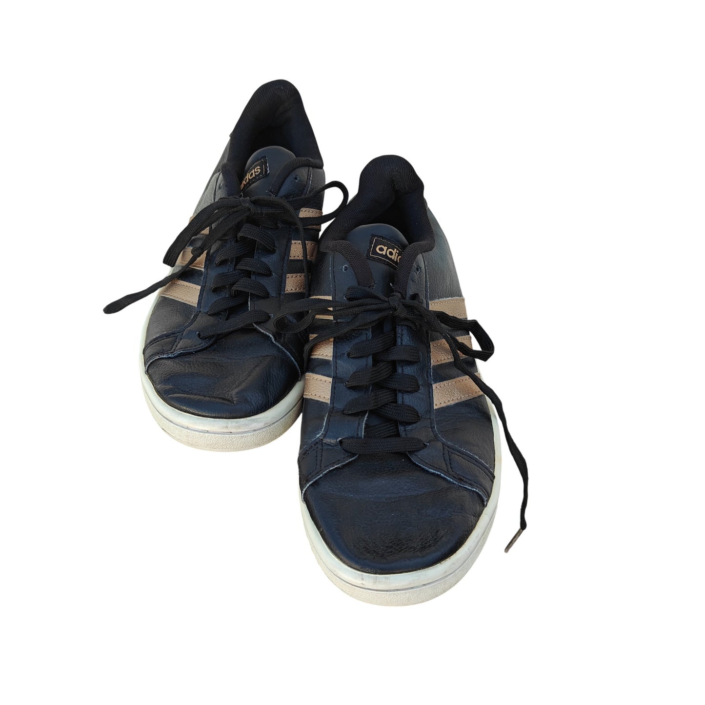 Grand Court Black Leather 3 Stripe Sneakers