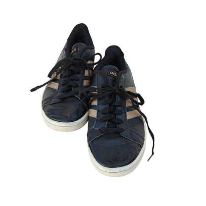 Grand Court Black Leather 3 Stripe Sneakers