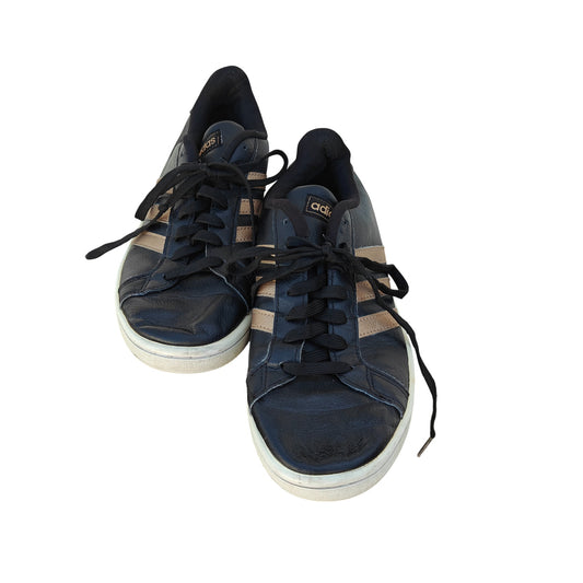 Grand Court Black Leather 3 Stripe Sneakers