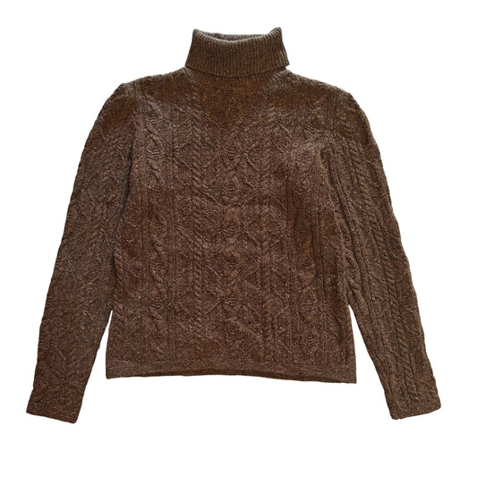 Brown Cable Knit Wool Turtleneck Sweater