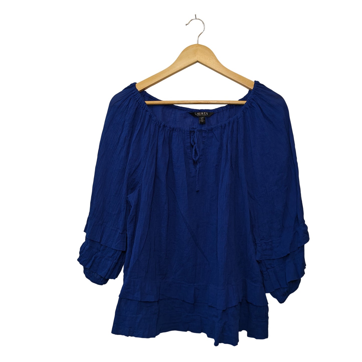 Blue Peasant Blouse Tie Neck Top