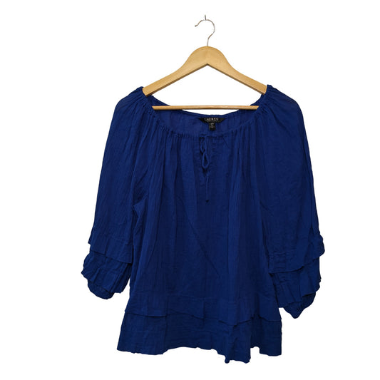 Blue Peasant Blouse Tie Neck Top