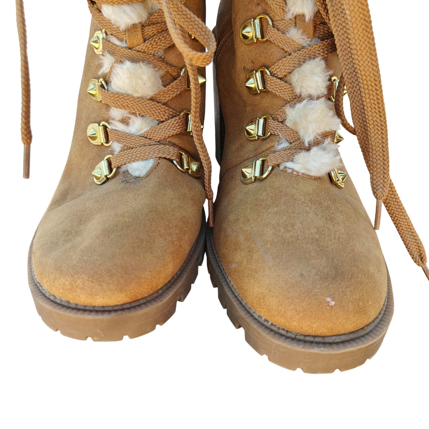 Tan Faux Fur Lace Up Ankle Boots