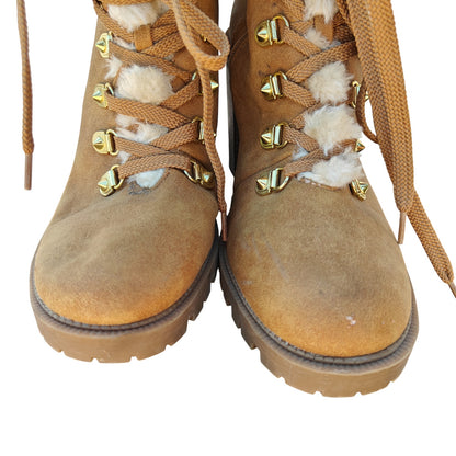 Tan Faux Fur Lace Up Ankle Boots