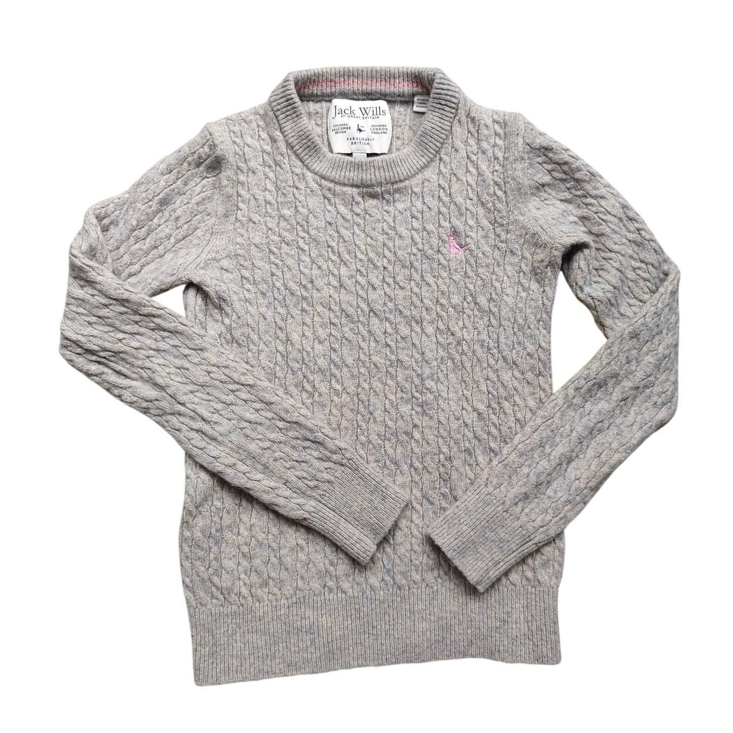 Gray Cable Knit Wool Crewneck Sweater
