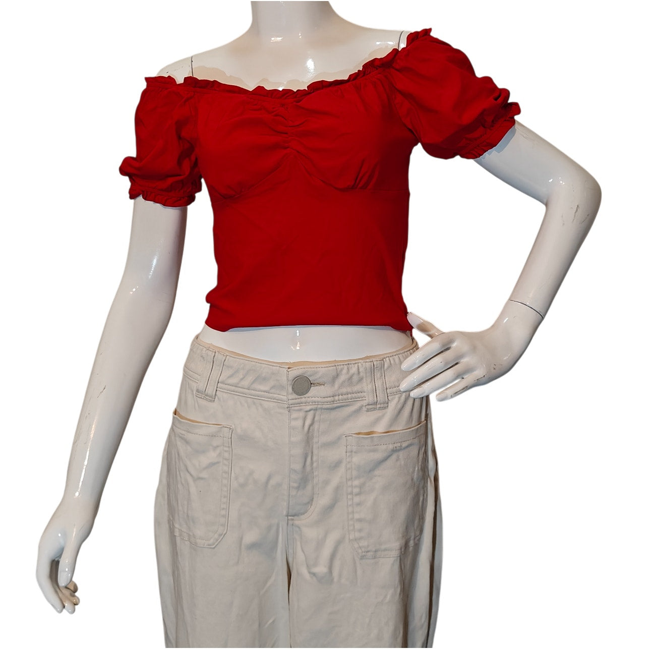 Red Off Shoulder Ruched Puff Sleeve Crop Top