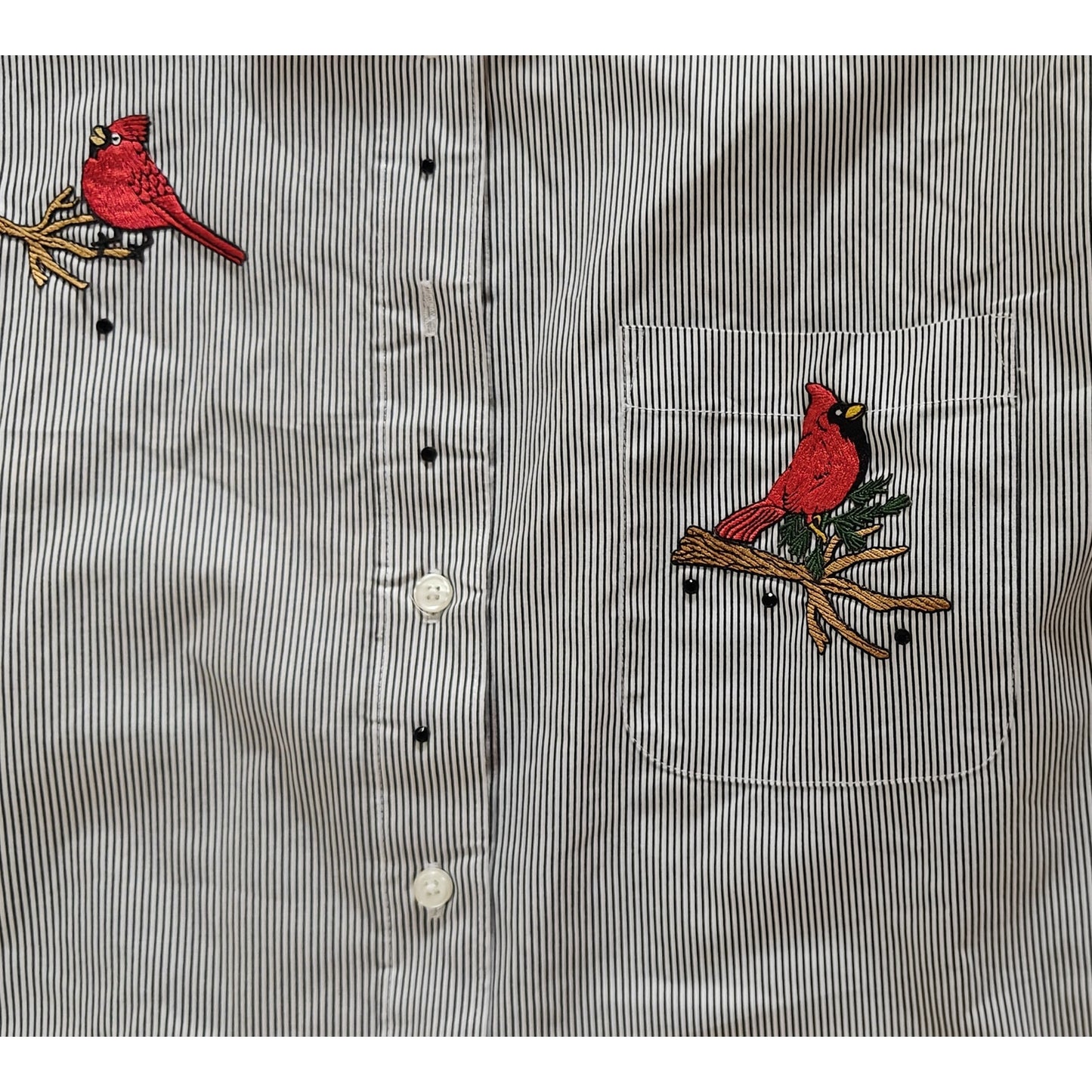 Cardinal Embroidered Striped Button Up Shirt