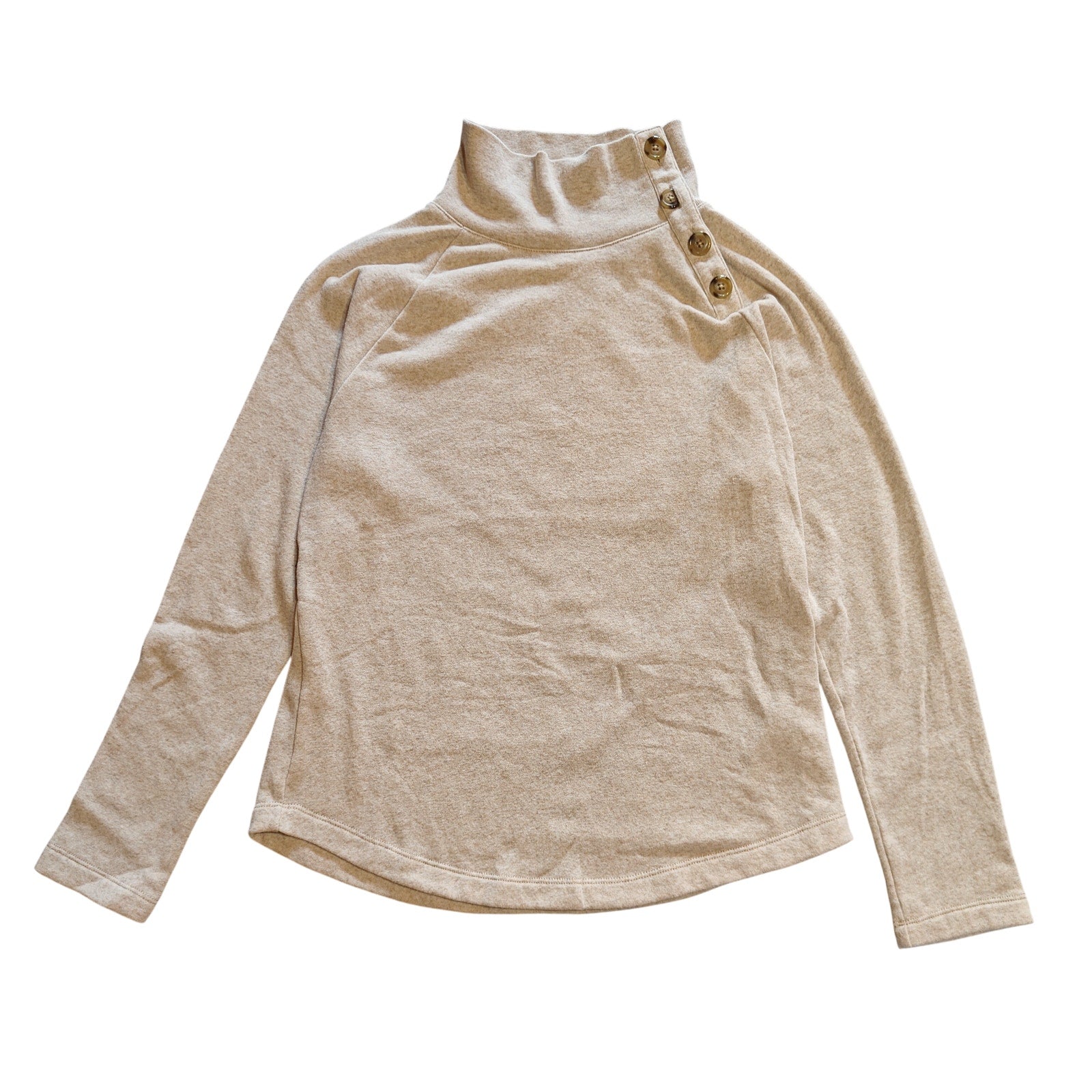 Beige Button Neck Funnel Collar Sweatshirt