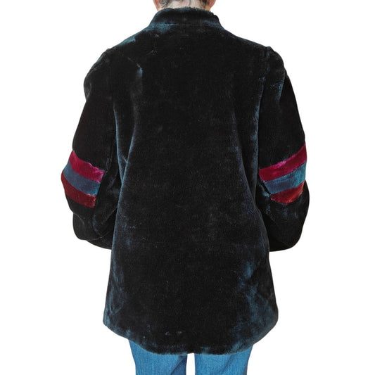 Vintage Black Faux Fur Coat with Colorblock Sleeves