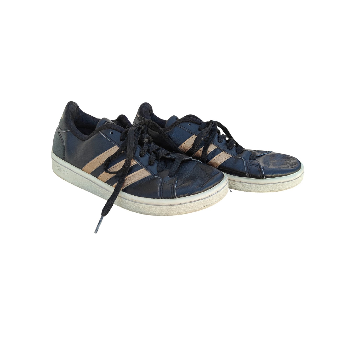 Grand Court Black Leather 3 Stripe Sneakers