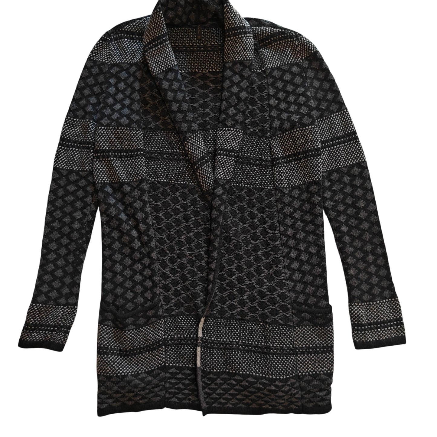 Black and Gray Textured Knit Open Front Coatigan