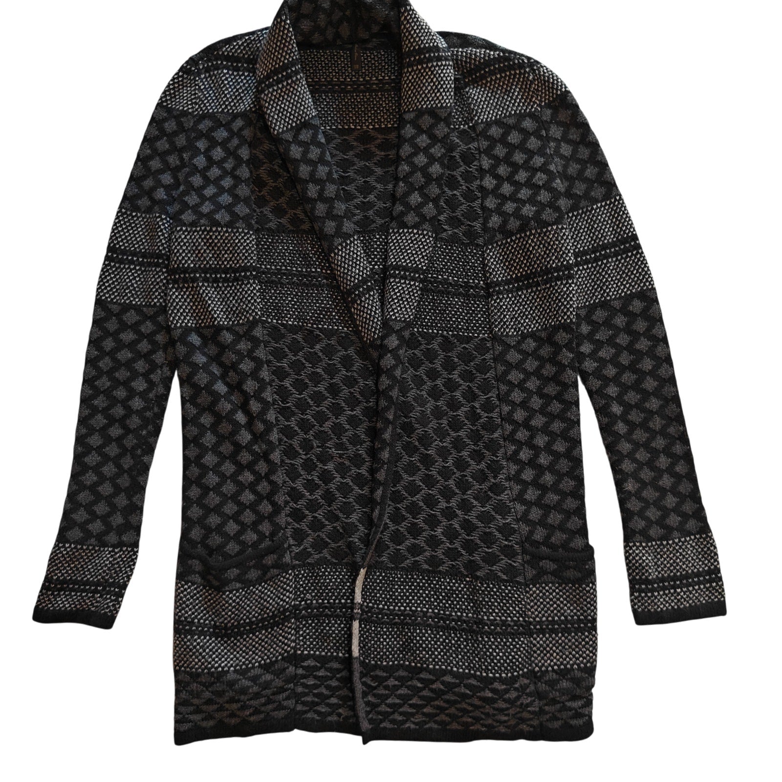 Black and Gray Textured Knit Open Front Coatigan