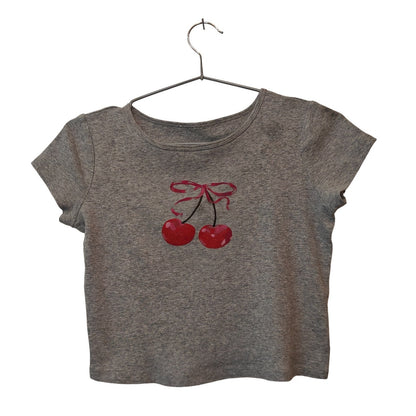 Y2K Cherry Graphic Crop Top Gray Baby Tee Fitted