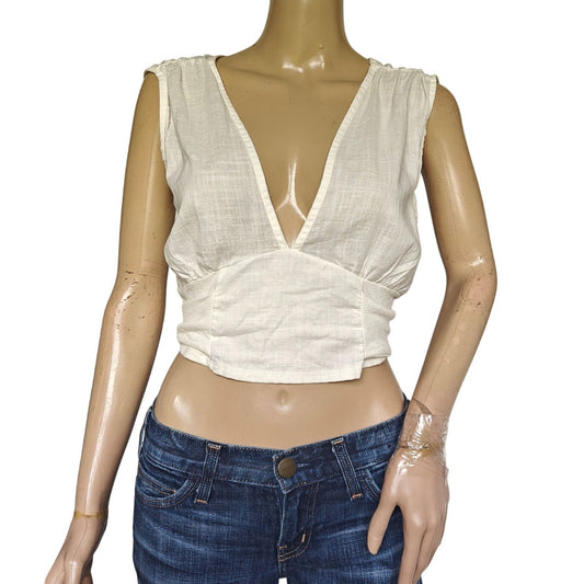 Ivory Linen-Blend Plunge Crop Top With Wrap Waist
