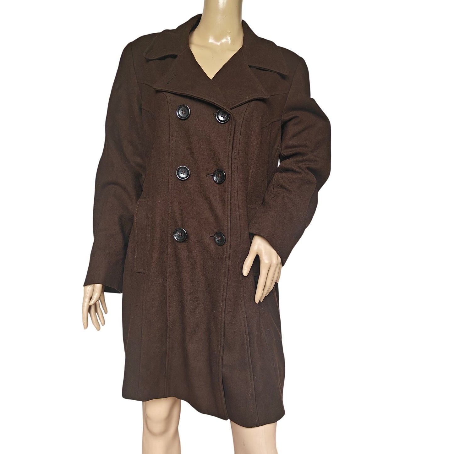 Brown Wool Blend Double Breasted Peacoat