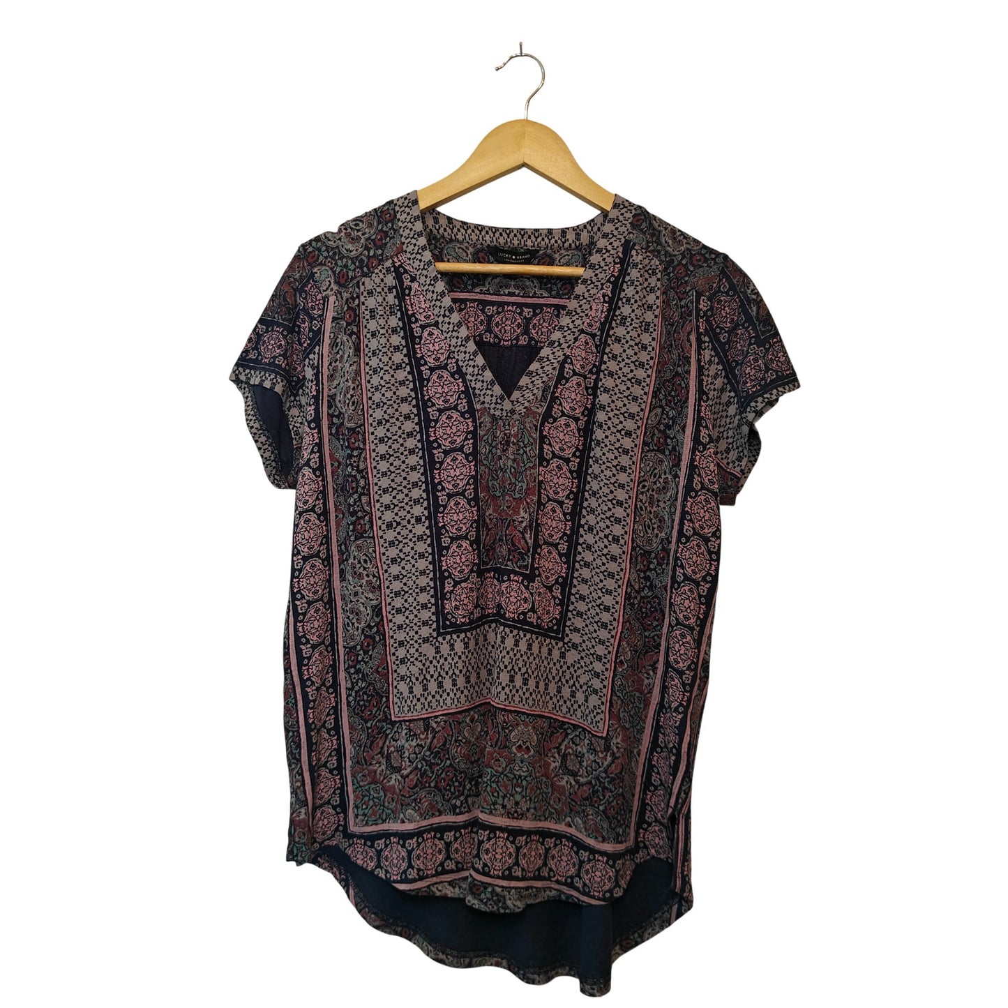 Boho Print Short Sleeve V Neck Top