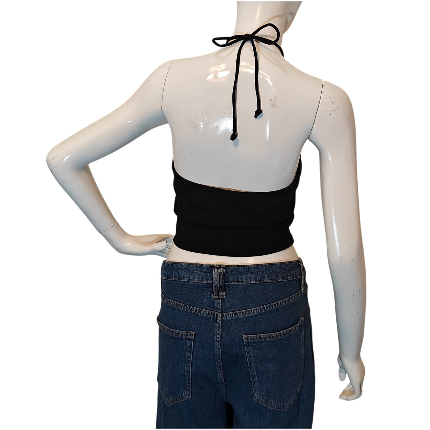 Black Halter Crop Top Ruched Front Size Medium
