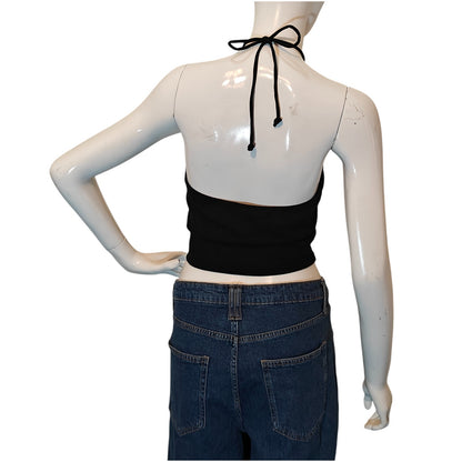 Black Halter Crop Top Ruched Front Size Medium
