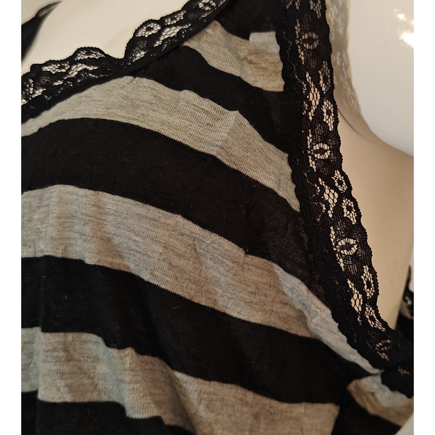 Lace Trim Black & Gray Striped Tank Top