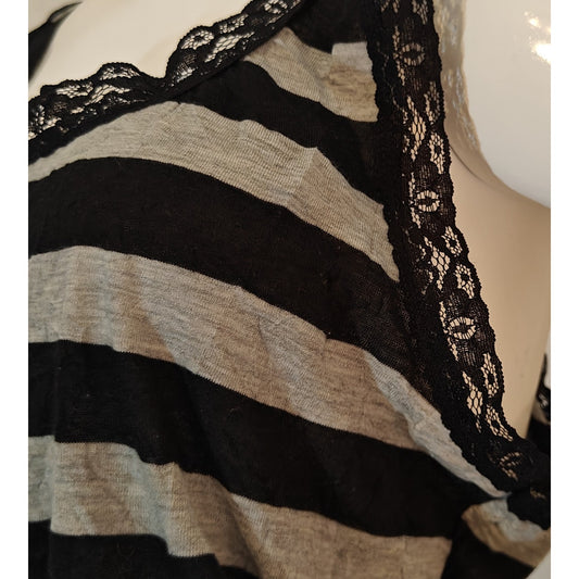 Lace Trim Black & Gray Striped Tank Top