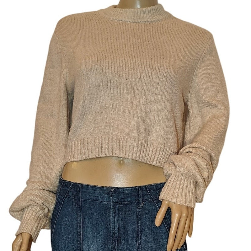 Beige Cropped Crew Neck Sweater