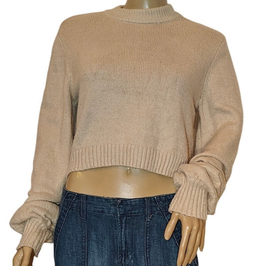 Beige Cropped Crew Neck Sweater