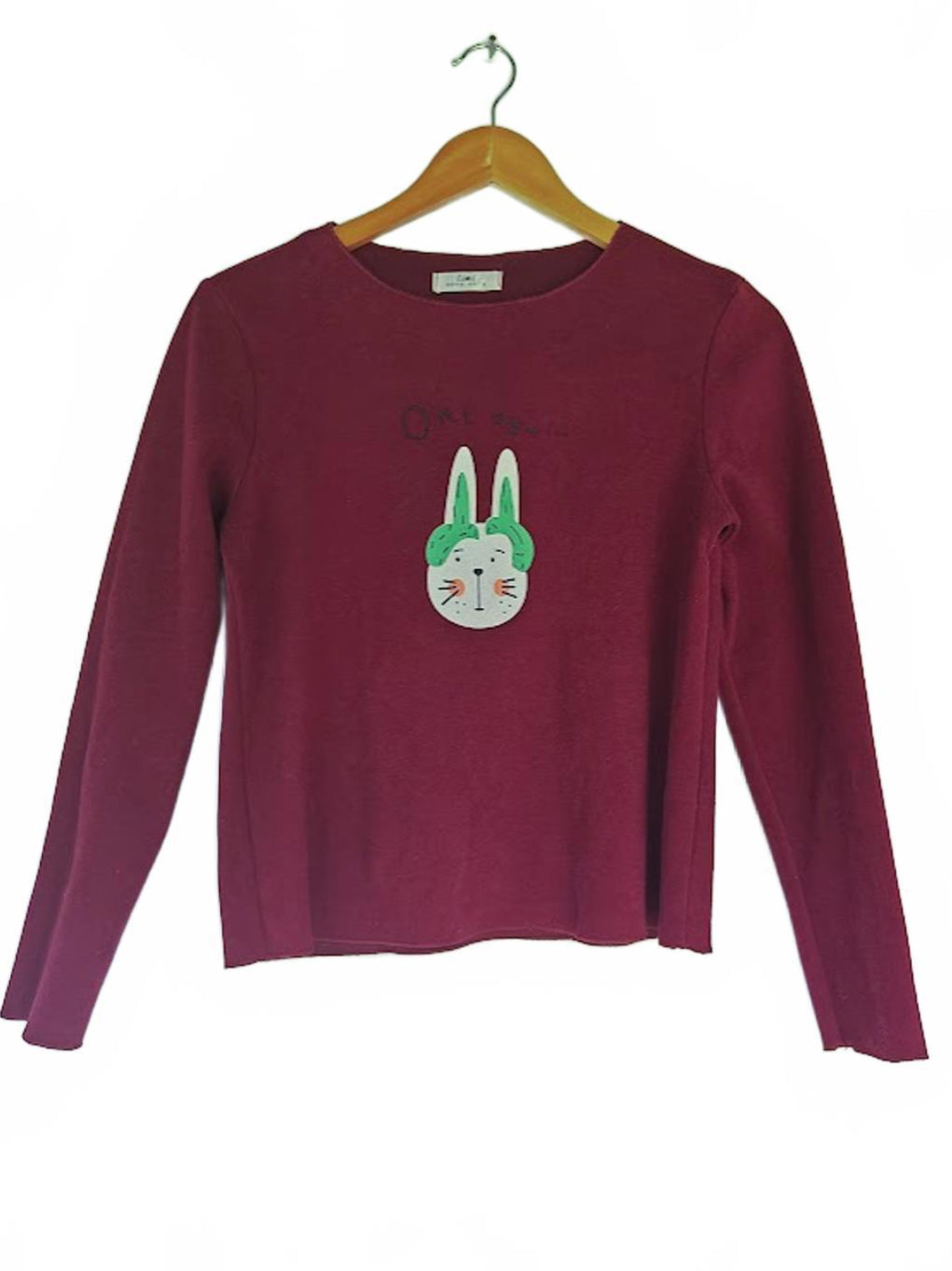 Burgundy Graphic Sweater with Kawaii Bunny