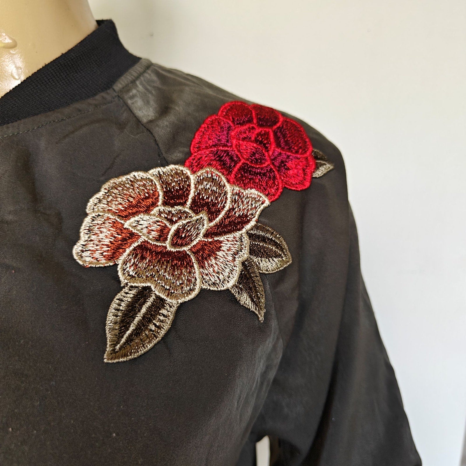 Army Green Floral Embroidered Lightweight Bomber Jacket