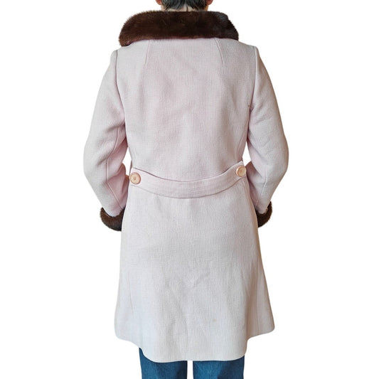 Vintage Blush Pink Wool Coat w Fur Trim Collar and Cuffs