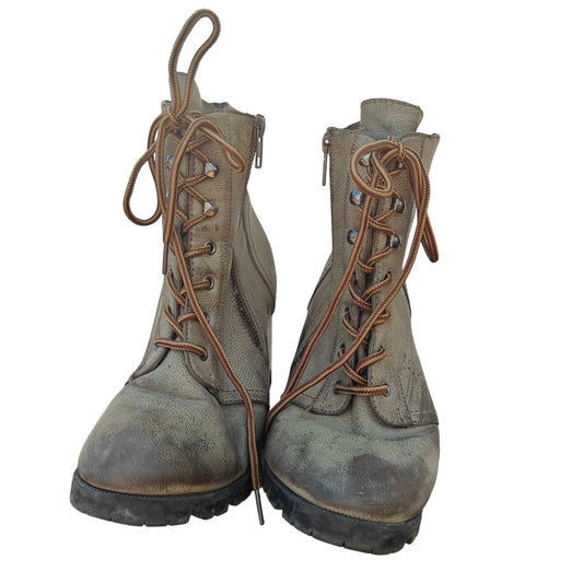 Gray/Brown Lace-Up Chunky Heel Boots