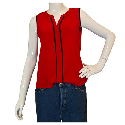 Red Sleeveless Blouse with Black Trim