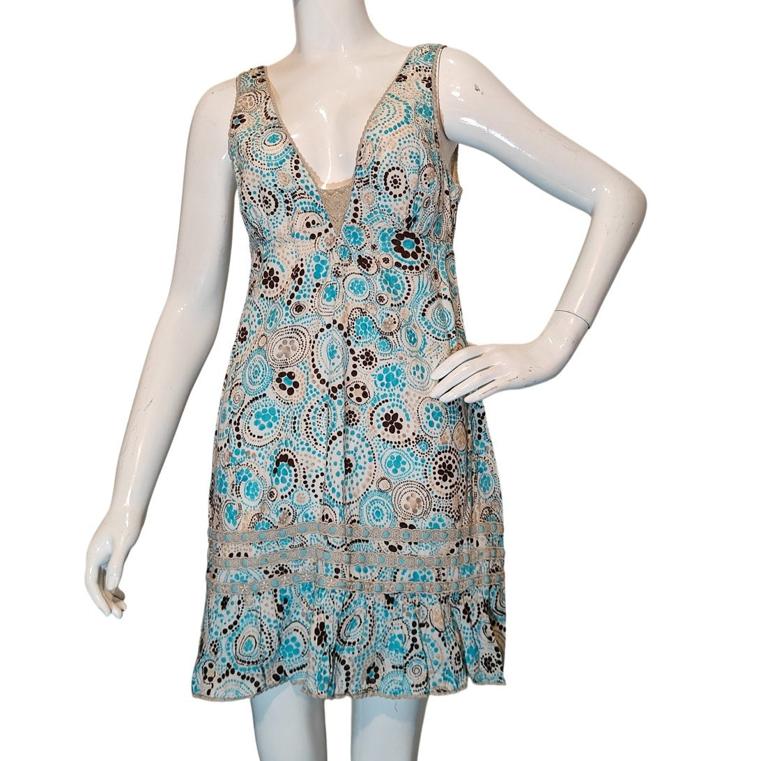 Free People Blue Paisley Boho Mini Dress V Neck Sleeveless Size 12