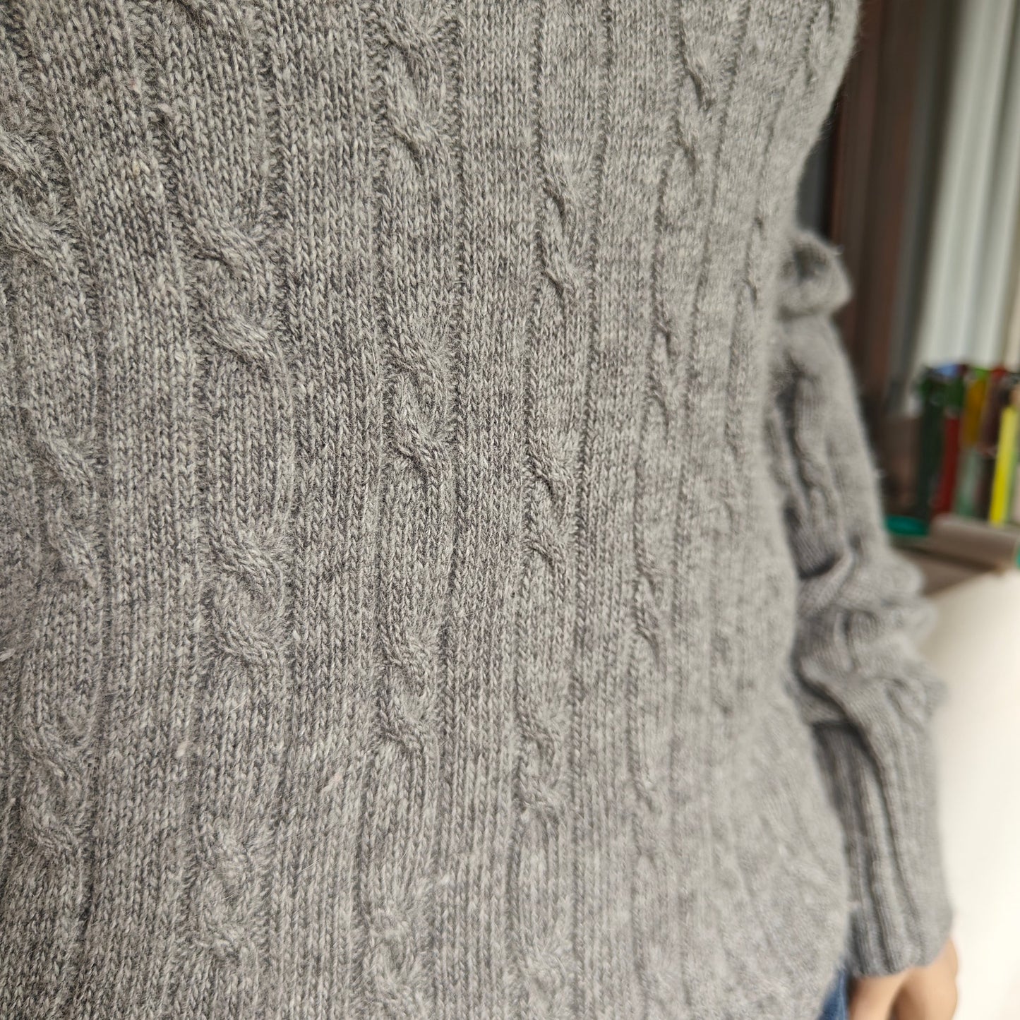 Gray V-Neck Cashmere Blend Cable Knit Sweater