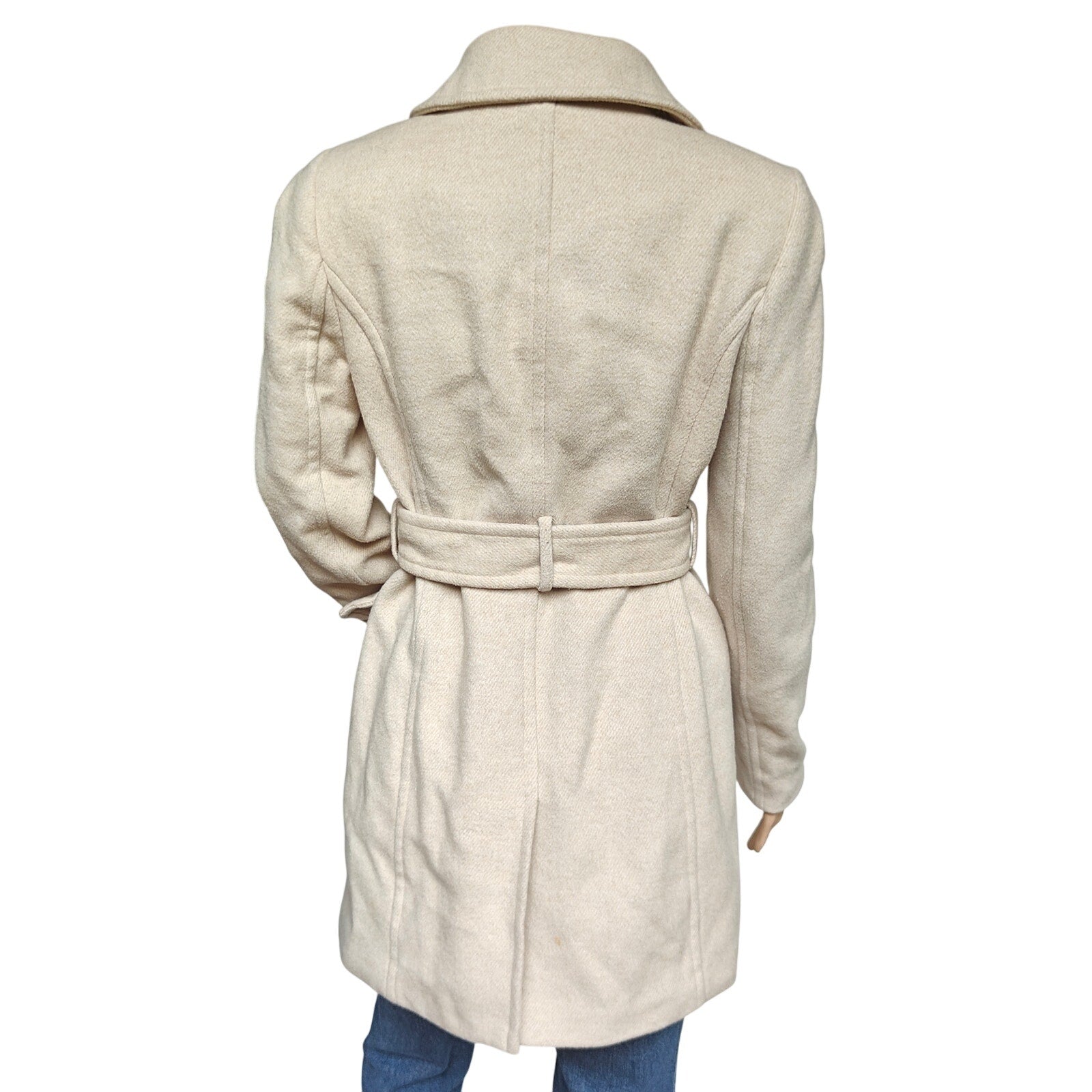 Beige Wool Belted Double Breasted Peacoat